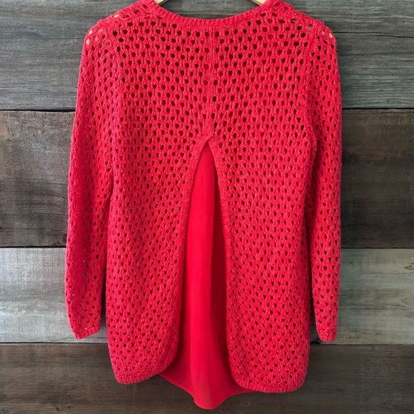 Lucky Brand Red Crochet Knit Sheer Layered Sweater - Picture 3 of 7
